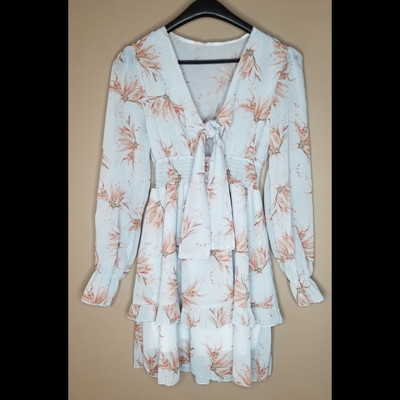 Blue floral chiffon long sleeve smocked waist tie bust tiered ruffle mini dress - Picture 7 of 8